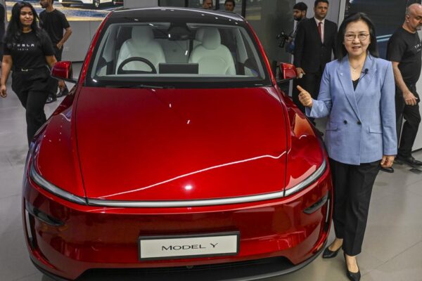 Opening first day in India at Mumbai showroom Tesla displayed the Model Y car